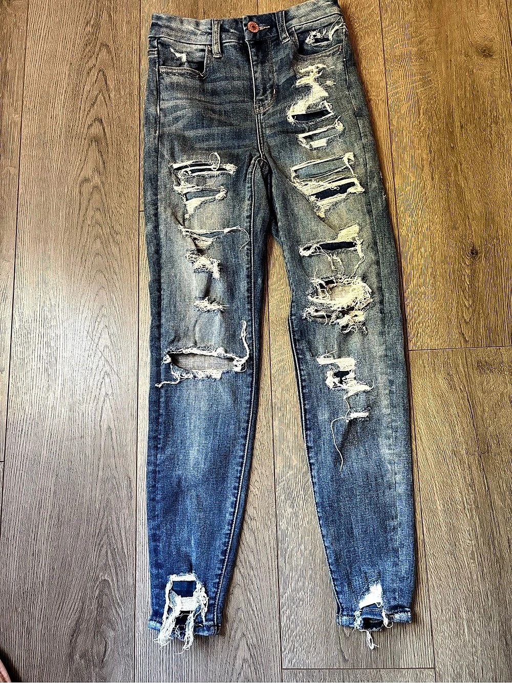 American Eagle AE High-Waisted Ripped Jegging Skinny Jeans Blue Short